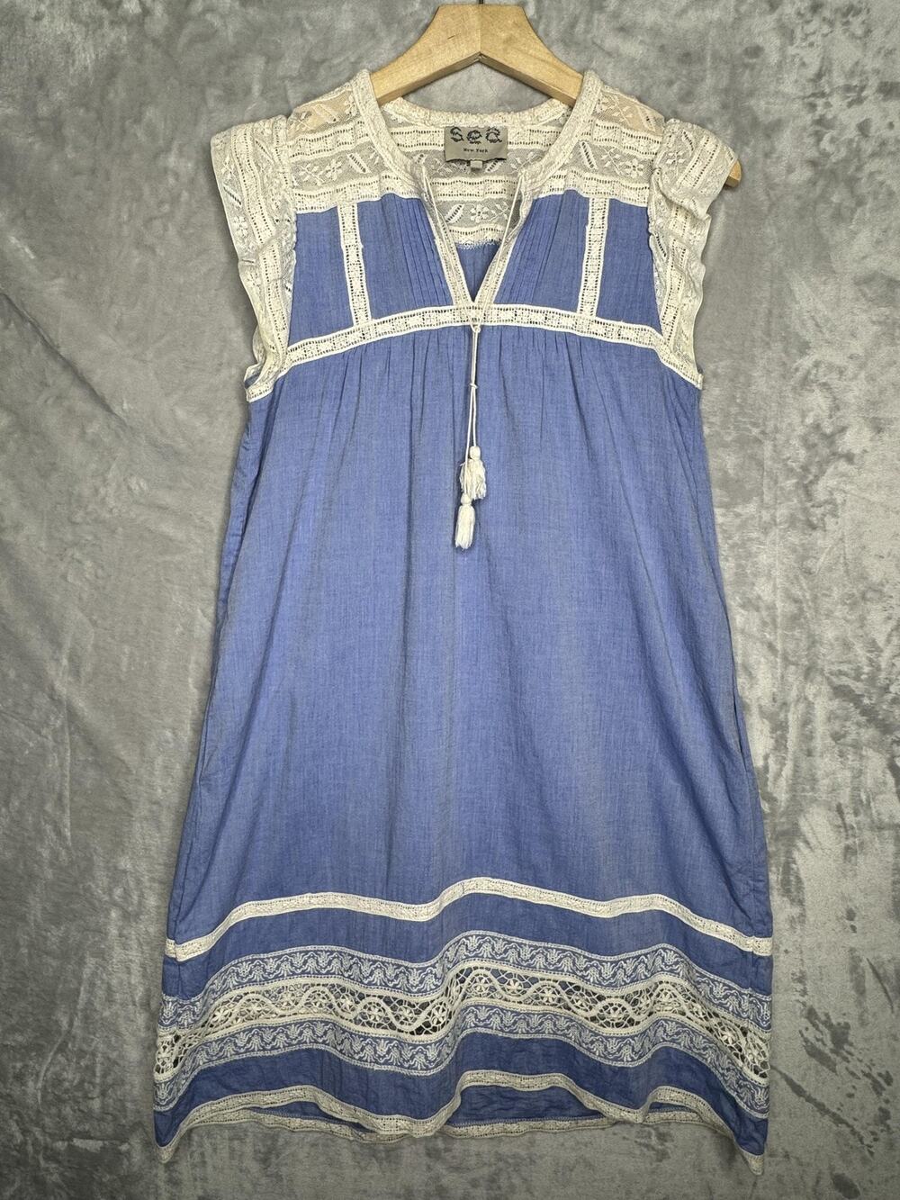 Sea New York Dress Womens 4 Blue Chambray Lace Tassel Shift Pockets Cap Sleeve